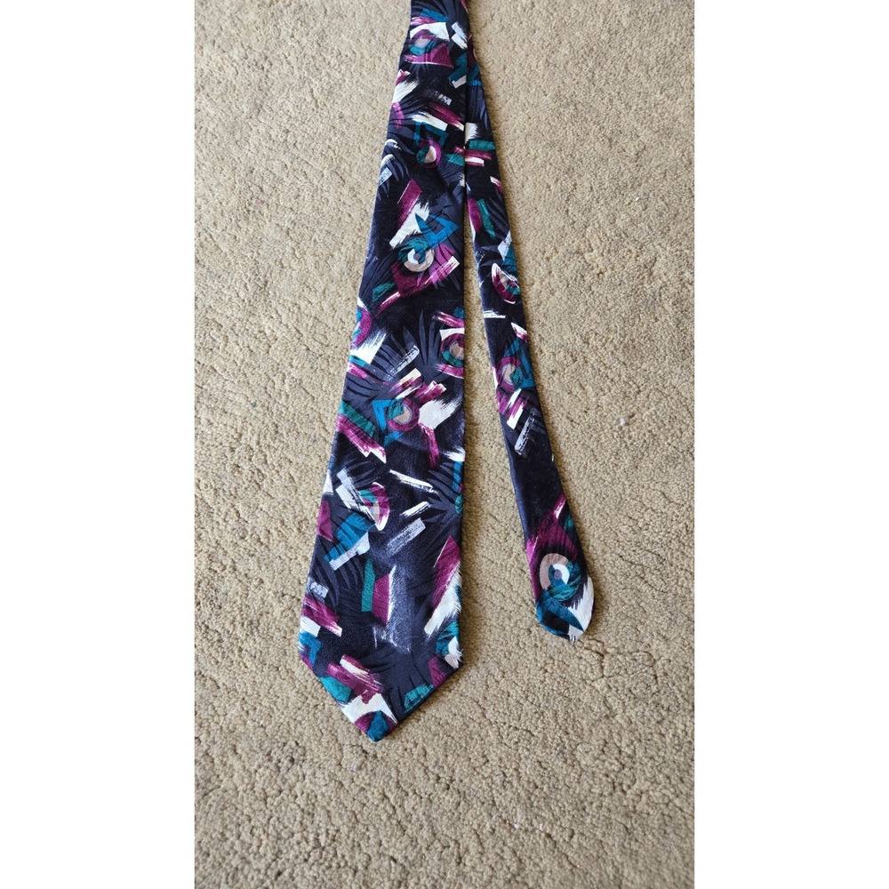 Cezani Mens Silk Tie Abstract Geometric Brushstroke Vintage 90s Purple Teal Long
